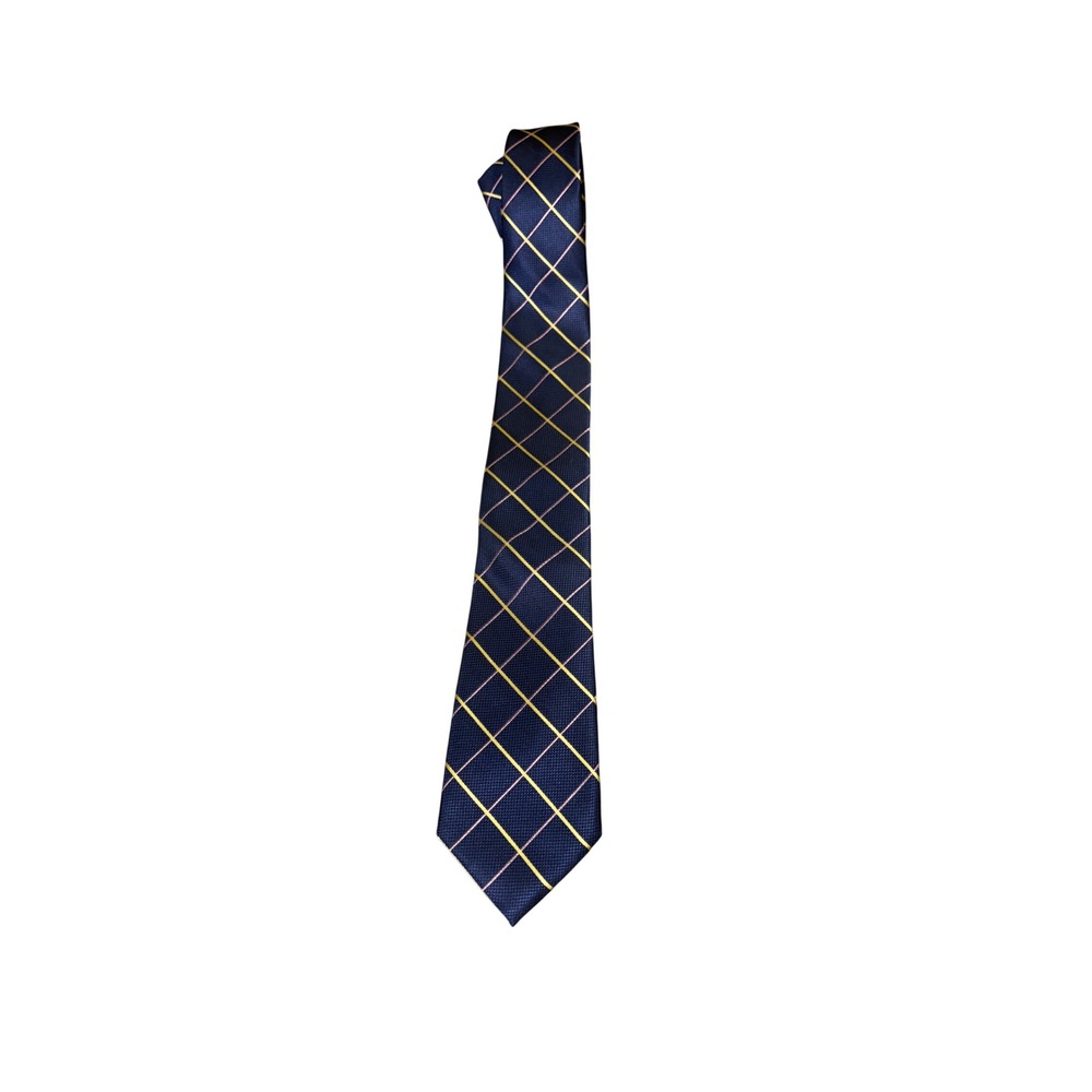 Cape Cod Neckwear Tie OS Navy Blue Yellow Pink Plaid Grid Silk Blend
